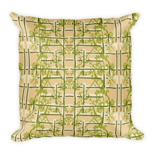 peach, green and cream floral and stripe throw pillow