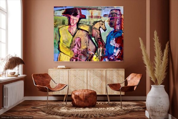 Oversized Colorful Cowboy Folk Art Painting Diptych