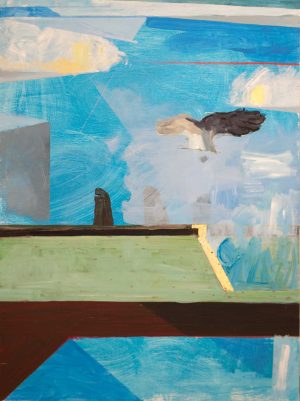 Large urban industrial bold paintings with bird and sky