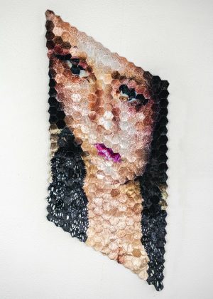 Woman displayed on velvetin fragments, sewn together