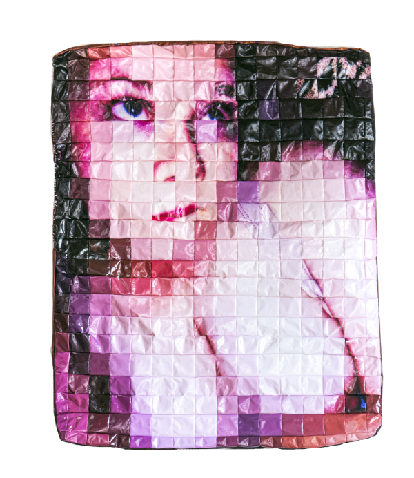 Sewn Portrait Of Topless Woman Made Of Shiny Pixels