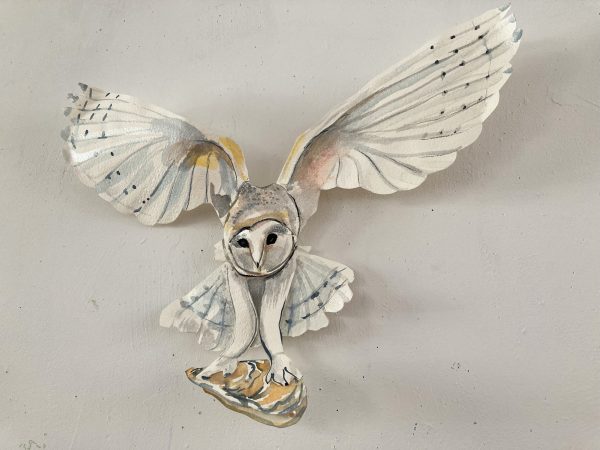 12.-MCNEAL_Owl-and-Oyster_19x18x6_watercolor-on-cut-shaped-paper-pearl-bead_2022-600x450 - 22