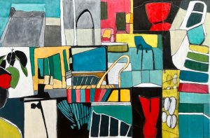 mixed media painting on wood panel abstract oil collage drawing pencils urban modern contemporary colorful interior design luxury interiors Detroit Artist