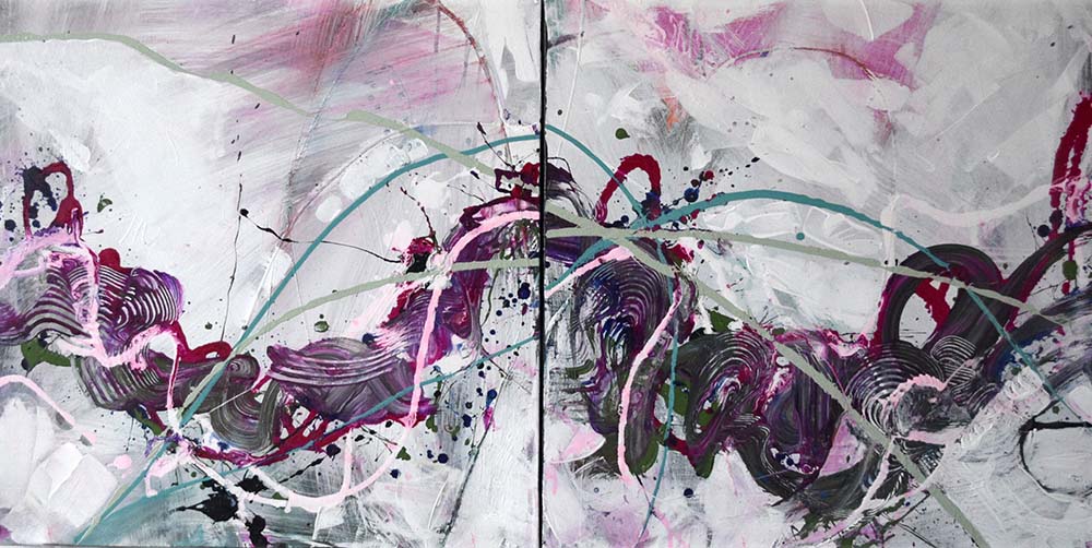 Amanda Koss acrylic on canvas diptych pink and green painting<br />
